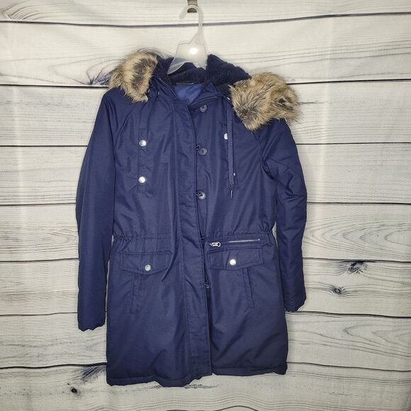 Swiss Tech blue faux fur hood zip front winter jacket size medium - Picture 1 of 7